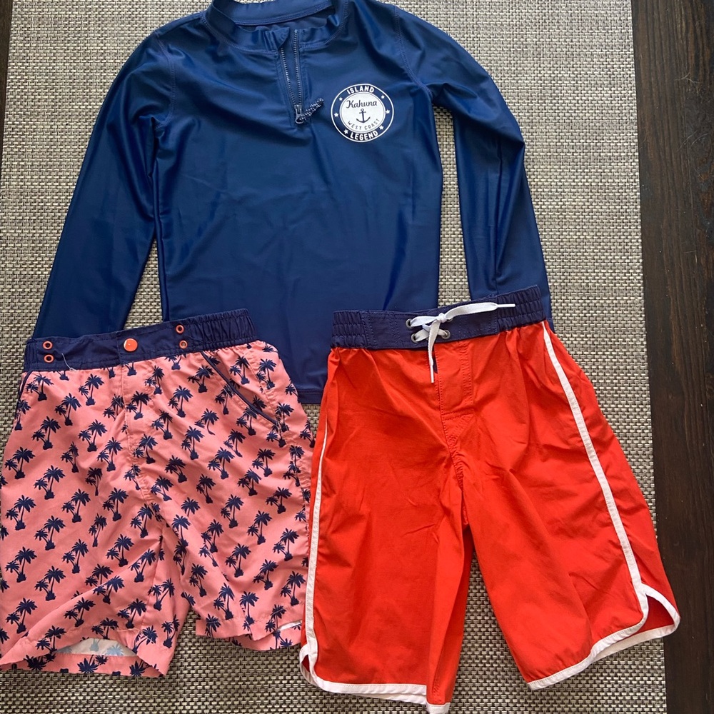 2 Swim Trunks & SPF Swim shirt - Size Small (6/7) Navy Rash Guard and Red Shorts